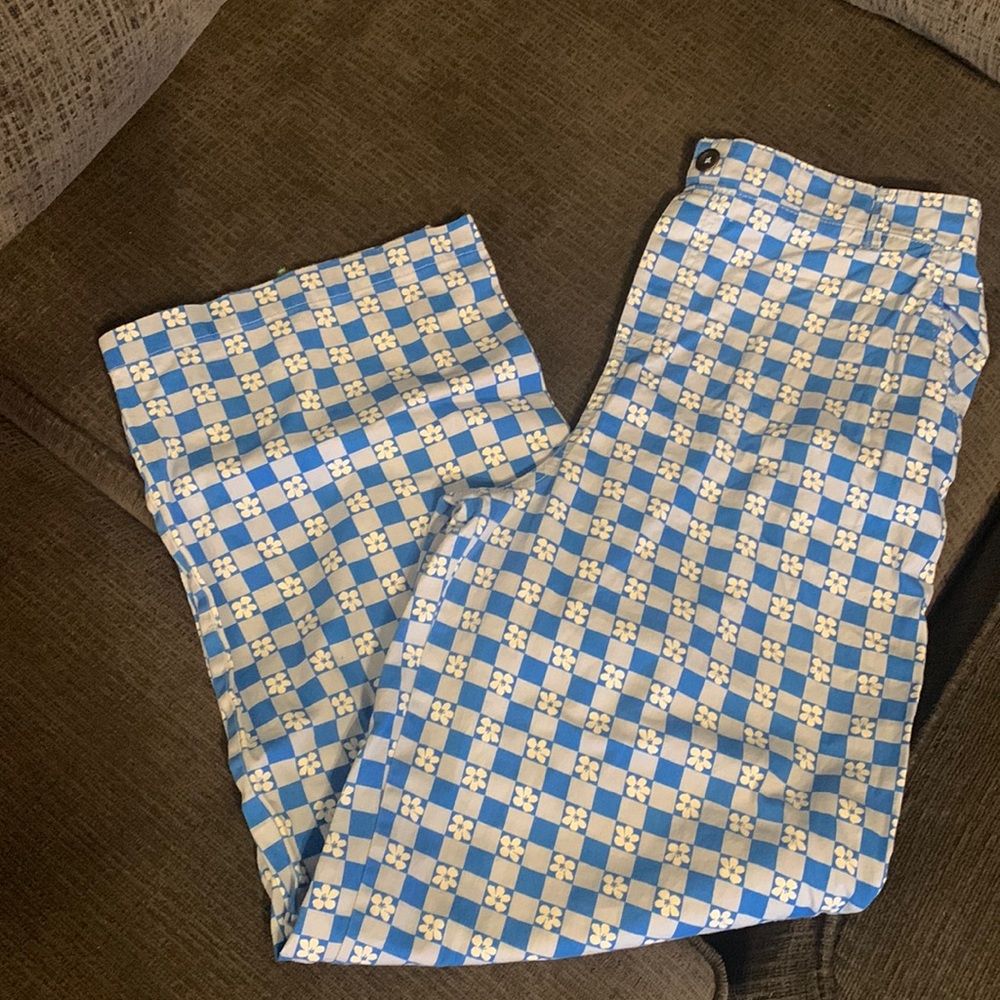 Retro/ flare pants colors are great no shade. Blue and white with small flowers